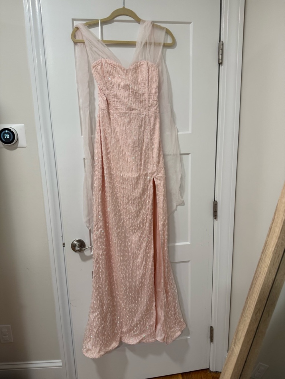 Hello Molly Blush Pink Sequin Prom Gown with Sheer Straps